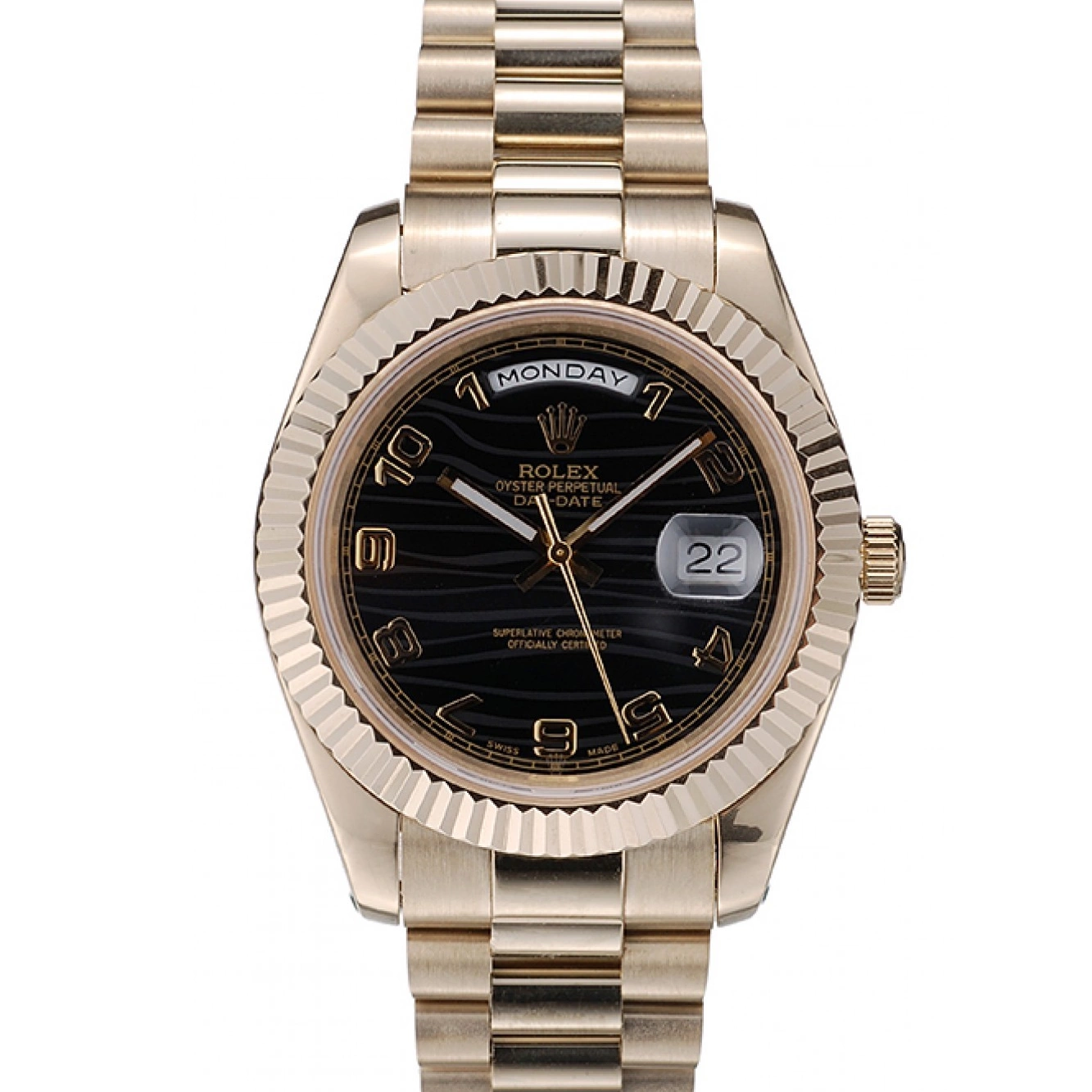 Aaa replica watch Steel Bezel Gold Swiss DayDate Stainless Dial Ribbed Rolex Black 41998 0726